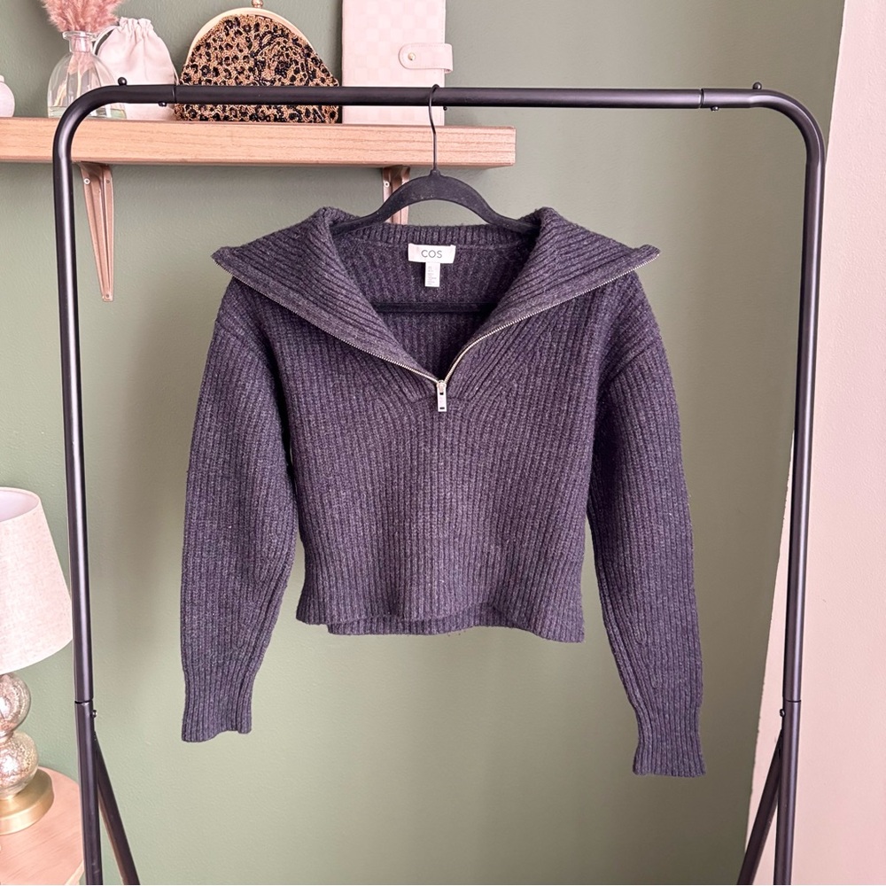 COS Charcoal Ribbed Half-Zip Turtleneck Sweater